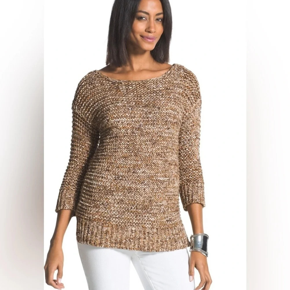 Chicos Sherri‎ Fishnet Sweater Chunky Knit Marled size Small 100% Cotton  2767